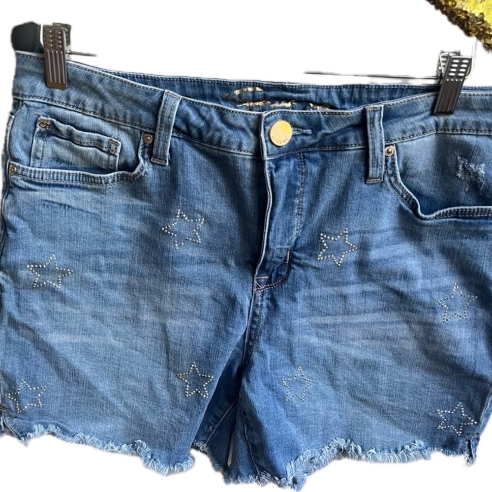 Seven 7 Raw Hem Blue Embelished Rhinestone Denim Star Print Shorts Size 12